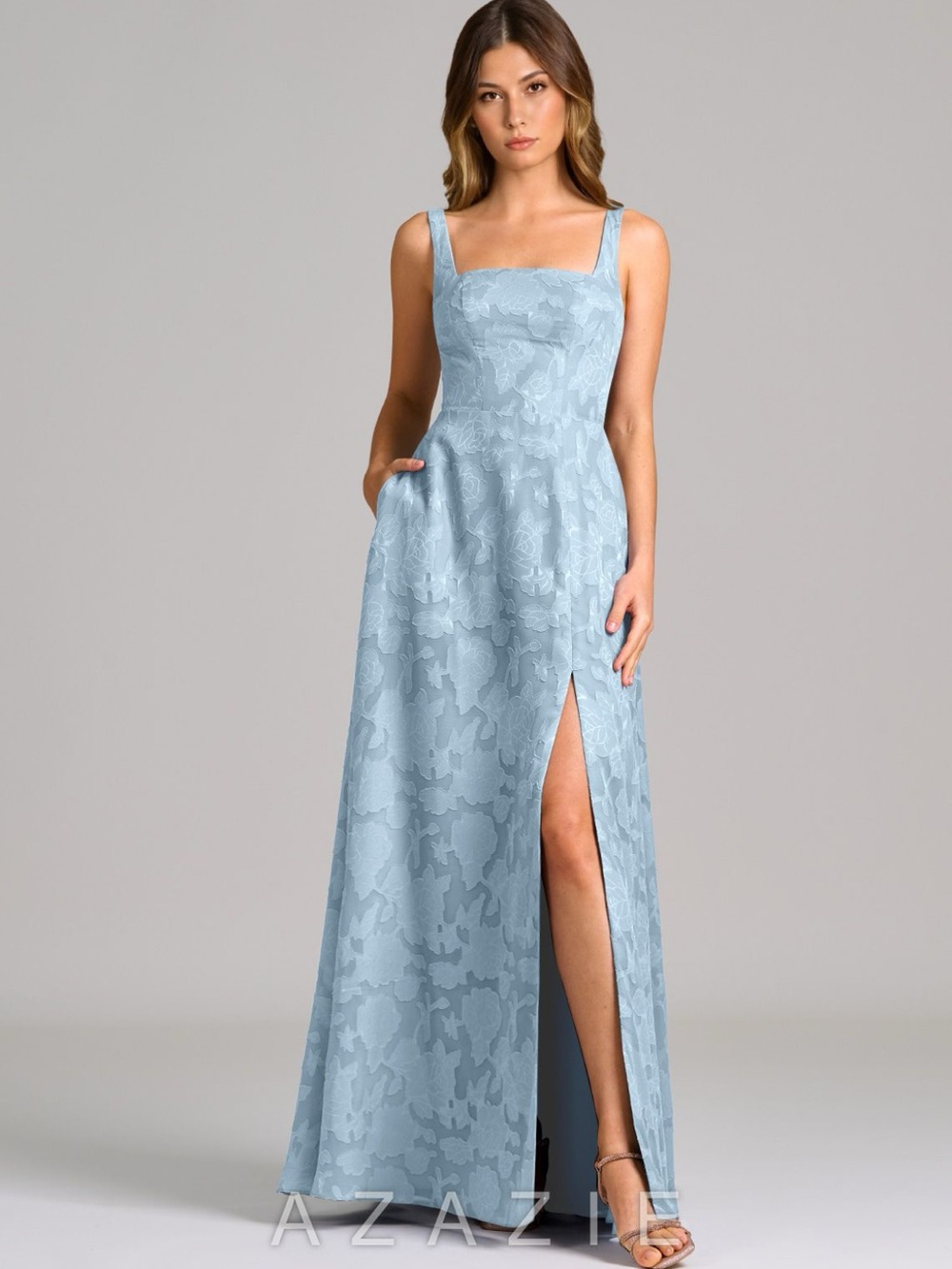 Azazie Sky Blue Square-Neck Maxi Dress with Side Slit